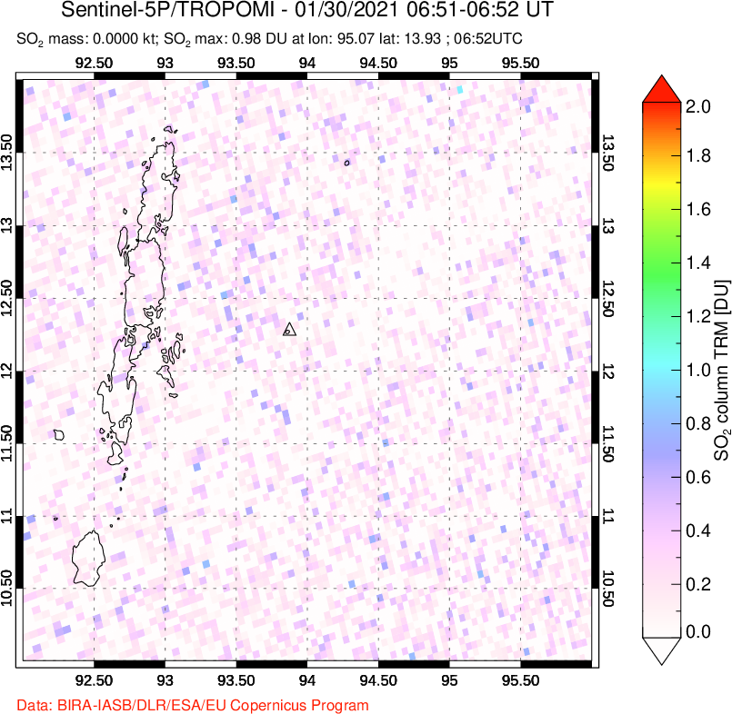 A sulfur dioxide image over Andaman Islands, Indian Ocean on Jan 30, 2021.