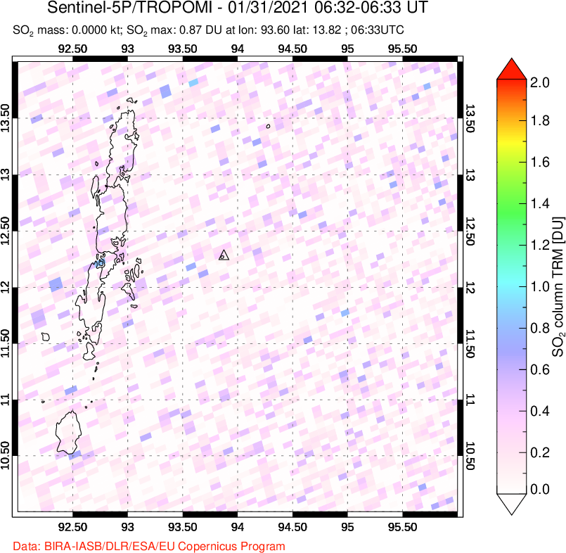 A sulfur dioxide image over Andaman Islands, Indian Ocean on Jan 31, 2021.