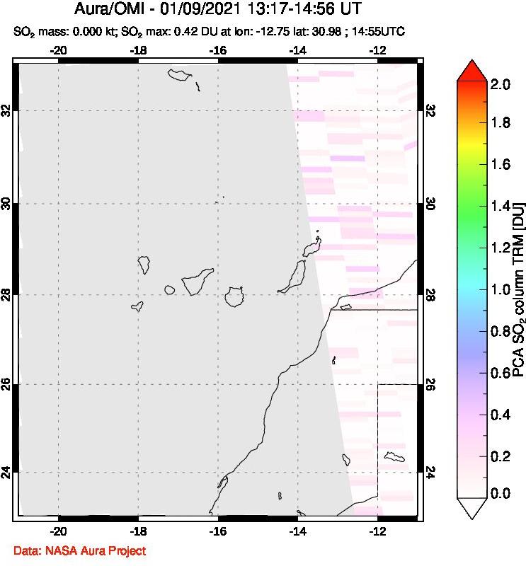 A sulfur dioxide image over Canary Islands on Jan 09, 2021.