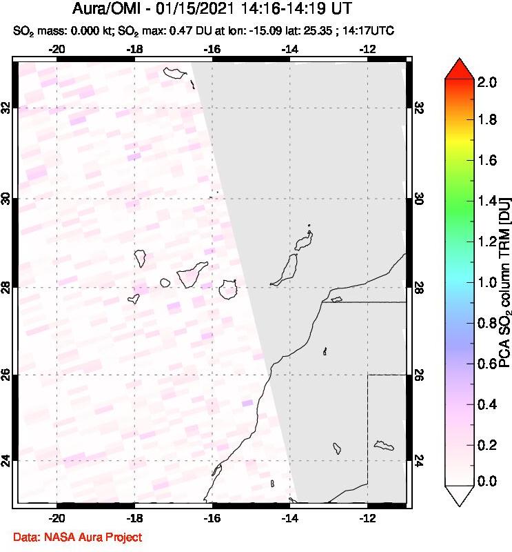 A sulfur dioxide image over Canary Islands on Jan 15, 2021.