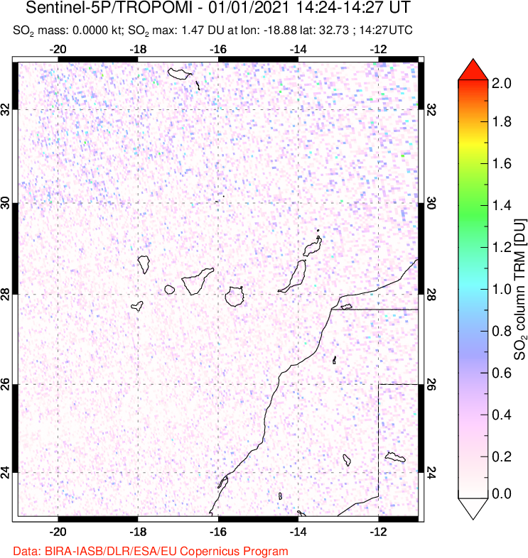 A sulfur dioxide image over Canary Islands on Jan 01, 2021.