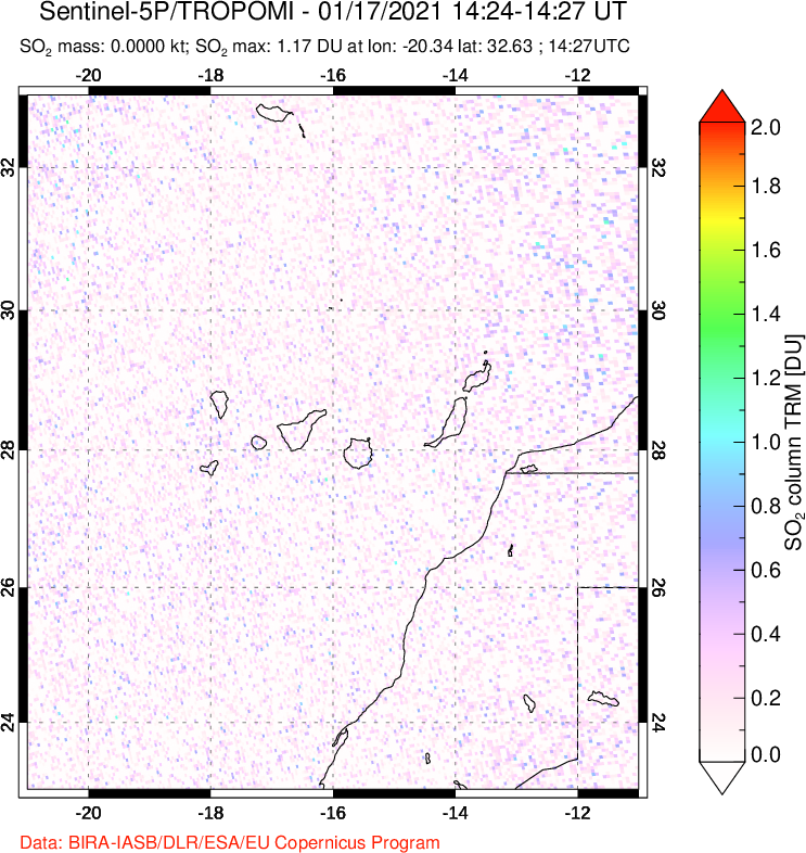 A sulfur dioxide image over Canary Islands on Jan 17, 2021.
