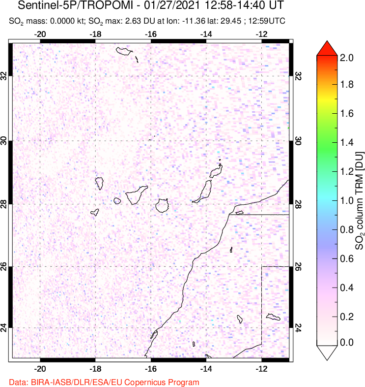 A sulfur dioxide image over Canary Islands on Jan 27, 2021.