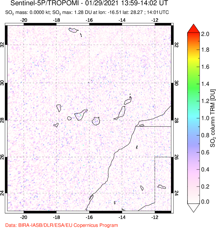 A sulfur dioxide image over Canary Islands on Jan 29, 2021.