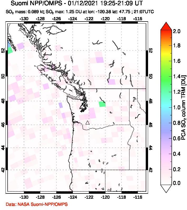 A sulfur dioxide image over Cascade Range, USA on Jan 12, 2021.