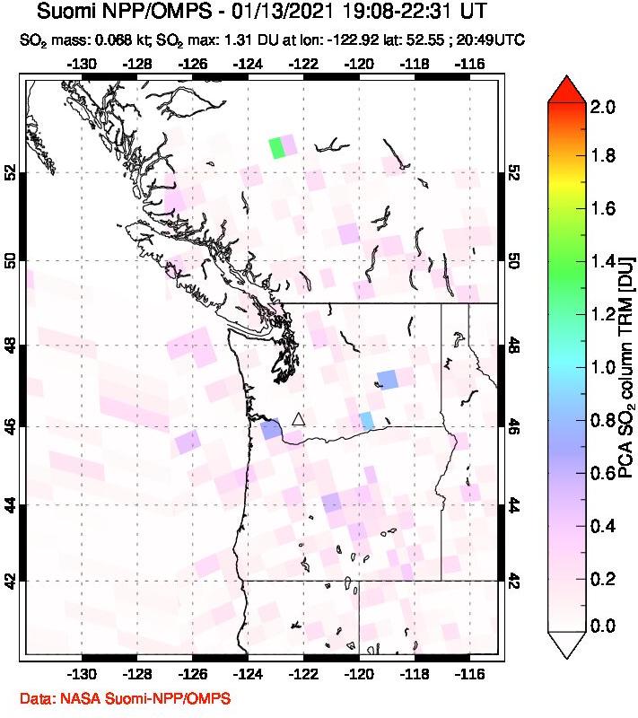 A sulfur dioxide image over Cascade Range, USA on Jan 13, 2021.