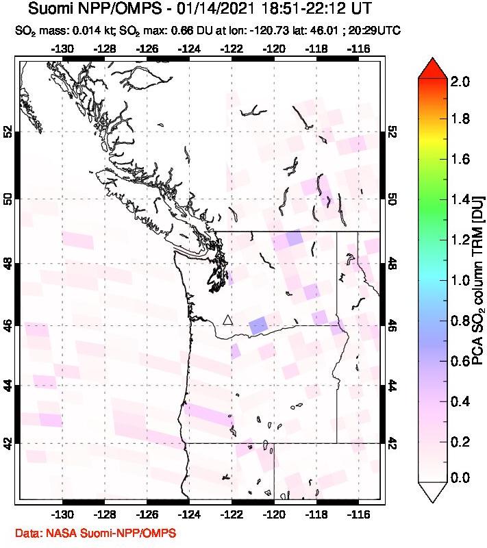 A sulfur dioxide image over Cascade Range, USA on Jan 14, 2021.