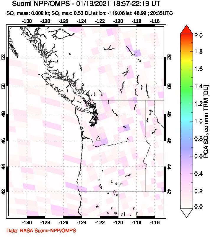 A sulfur dioxide image over Cascade Range, USA on Jan 19, 2021.