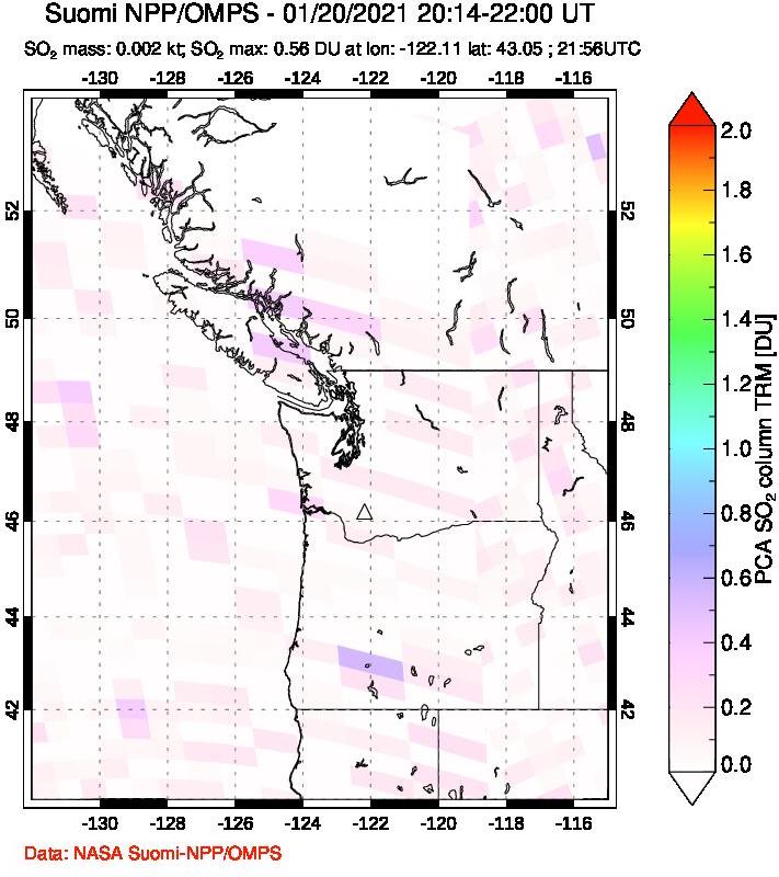 A sulfur dioxide image over Cascade Range, USA on Jan 20, 2021.