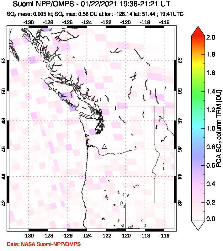 A sulfur dioxide image over Cascade Range, USA on Jan 22, 2021.