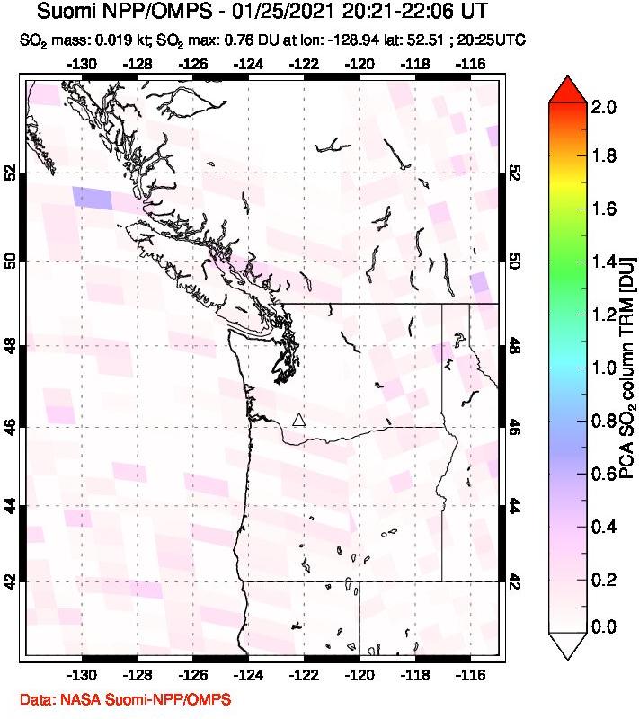 A sulfur dioxide image over Cascade Range, USA on Jan 25, 2021.