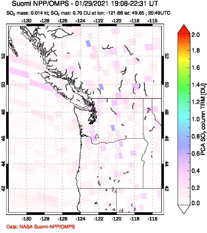 A sulfur dioxide image over Cascade Range, USA on Jan 29, 2021.