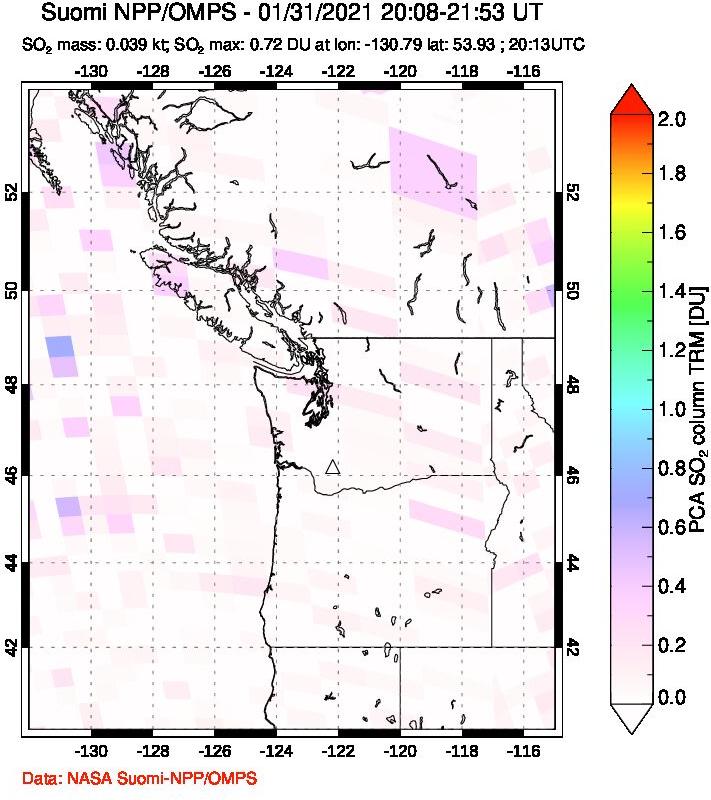 A sulfur dioxide image over Cascade Range, USA on Jan 31, 2021.
