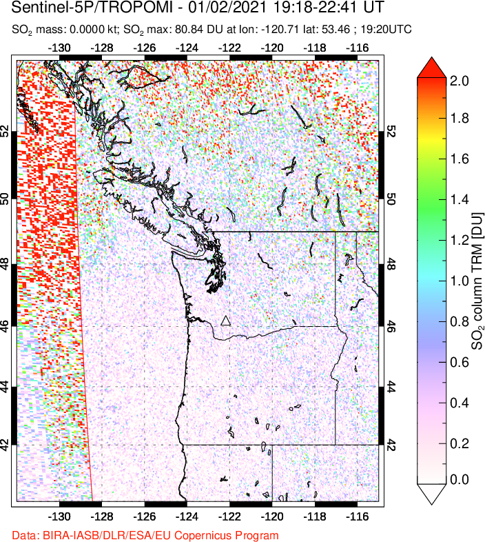 A sulfur dioxide image over Cascade Range, USA on Jan 02, 2021.