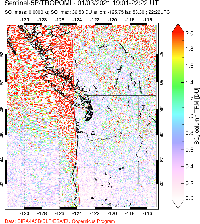 A sulfur dioxide image over Cascade Range, USA on Jan 03, 2021.