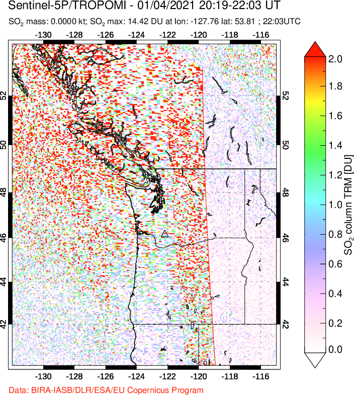 A sulfur dioxide image over Cascade Range, USA on Jan 04, 2021.