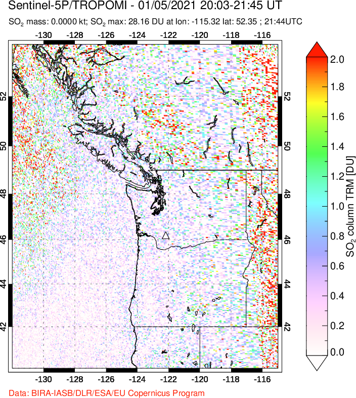 A sulfur dioxide image over Cascade Range, USA on Jan 05, 2021.