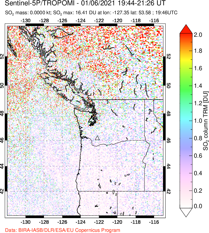 A sulfur dioxide image over Cascade Range, USA on Jan 06, 2021.