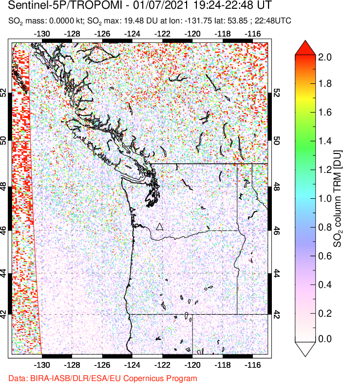 A sulfur dioxide image over Cascade Range, USA on Jan 07, 2021.