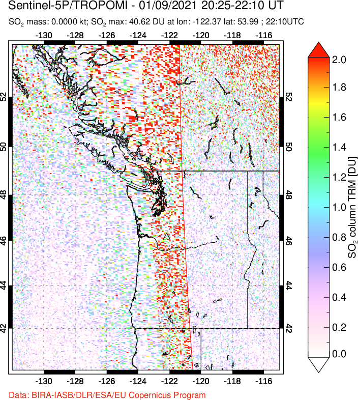 A sulfur dioxide image over Cascade Range, USA on Jan 09, 2021.