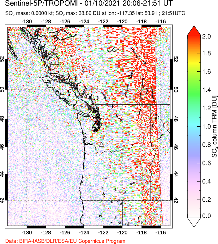 A sulfur dioxide image over Cascade Range, USA on Jan 10, 2021.