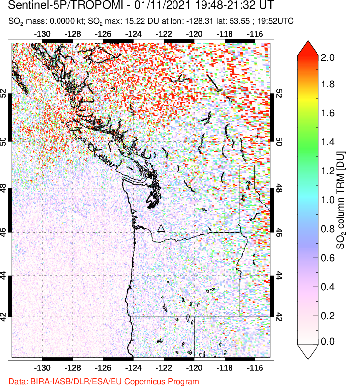 A sulfur dioxide image over Cascade Range, USA on Jan 11, 2021.