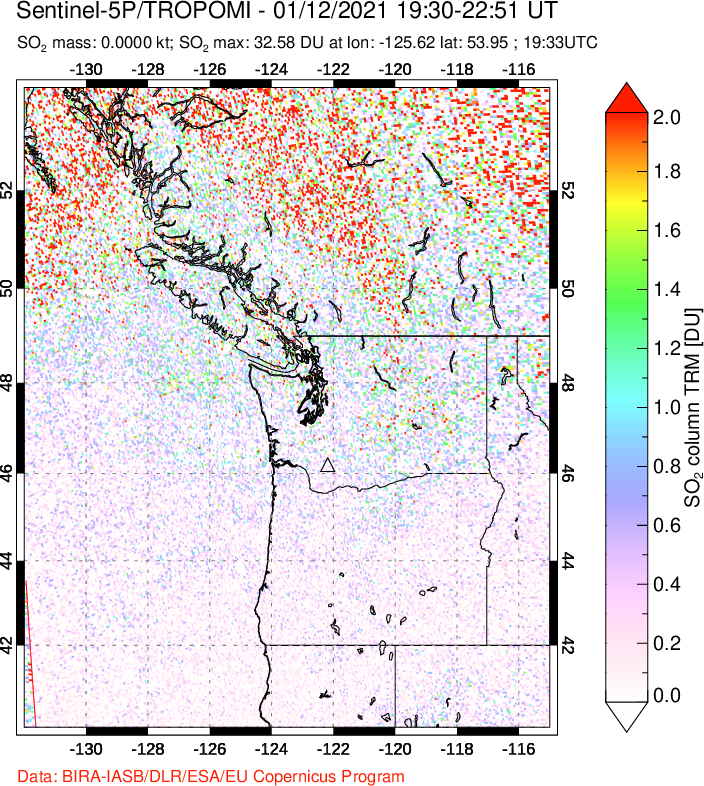 A sulfur dioxide image over Cascade Range, USA on Jan 12, 2021.