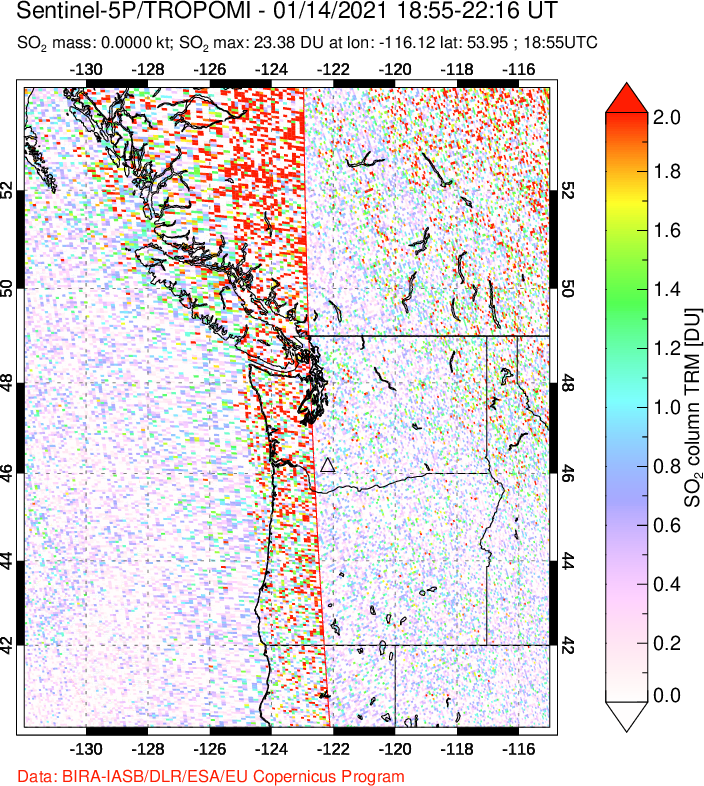 A sulfur dioxide image over Cascade Range, USA on Jan 14, 2021.