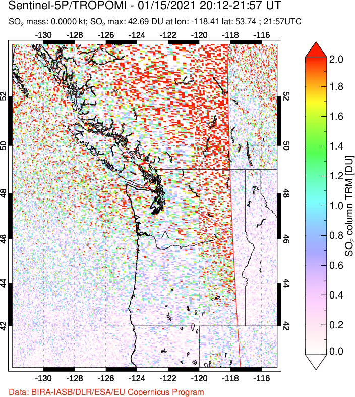 A sulfur dioxide image over Cascade Range, USA on Jan 15, 2021.