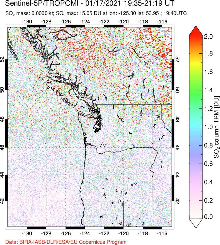 A sulfur dioxide image over Cascade Range, USA on Jan 17, 2021.