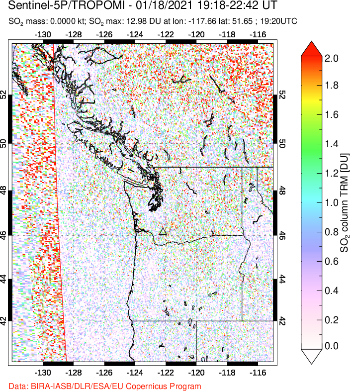 A sulfur dioxide image over Cascade Range, USA on Jan 18, 2021.