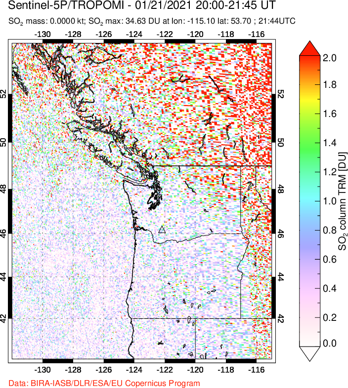 A sulfur dioxide image over Cascade Range, USA on Jan 21, 2021.