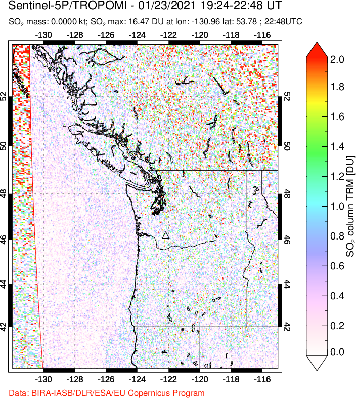 A sulfur dioxide image over Cascade Range, USA on Jan 23, 2021.