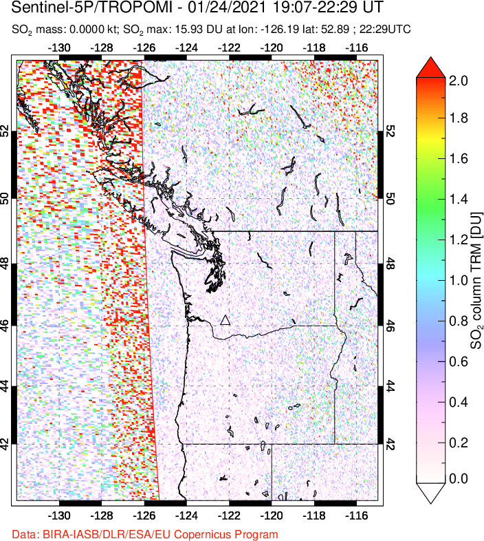 A sulfur dioxide image over Cascade Range, USA on Jan 24, 2021.