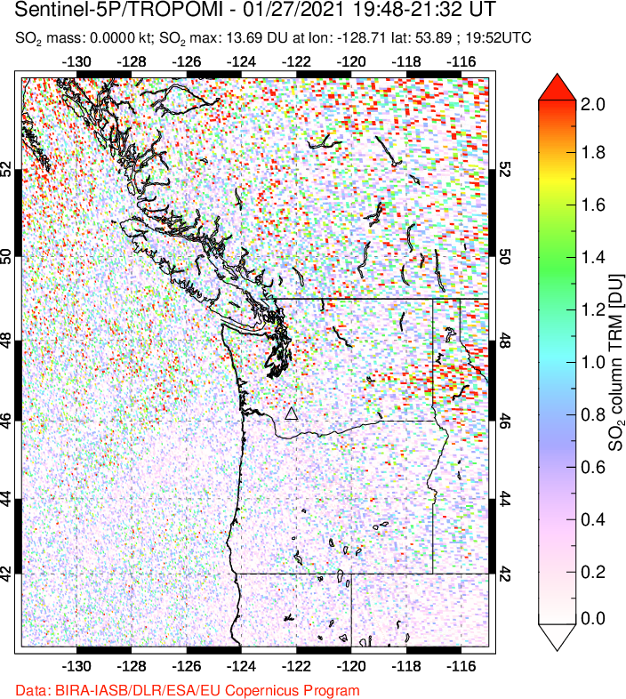 A sulfur dioxide image over Cascade Range, USA on Jan 27, 2021.