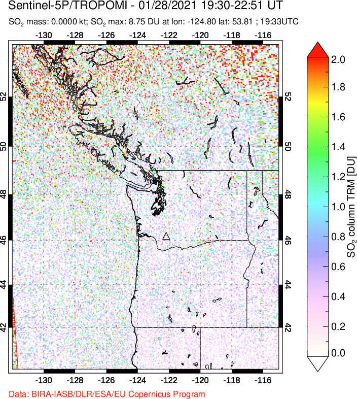 A sulfur dioxide image over Cascade Range, USA on Jan 28, 2021.