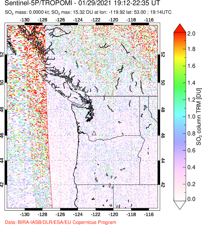 A sulfur dioxide image over Cascade Range, USA on Jan 29, 2021.