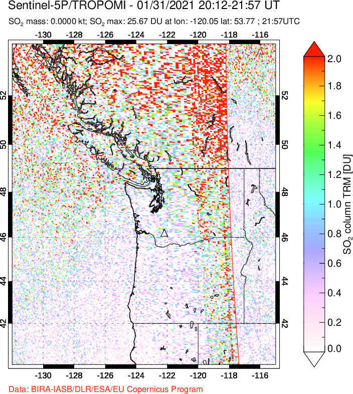 A sulfur dioxide image over Cascade Range, USA on Jan 31, 2021.