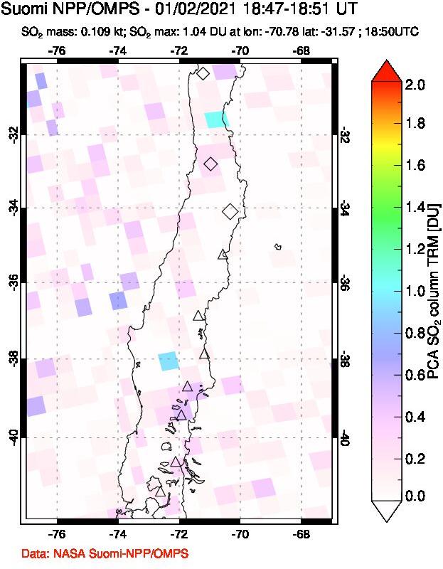 A sulfur dioxide image over Central Chile on Jan 02, 2021.