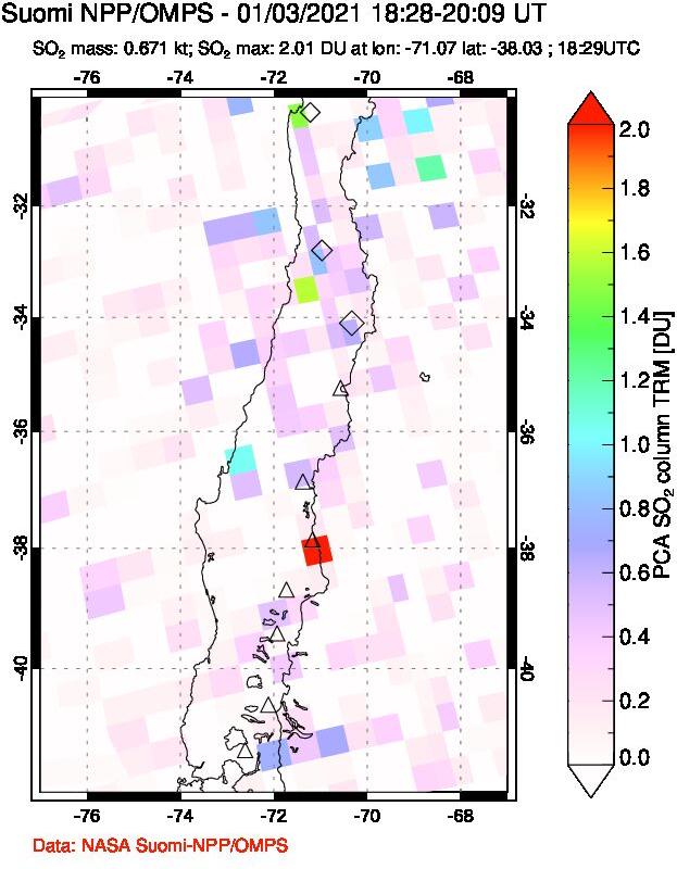 A sulfur dioxide image over Central Chile on Jan 03, 2021.
