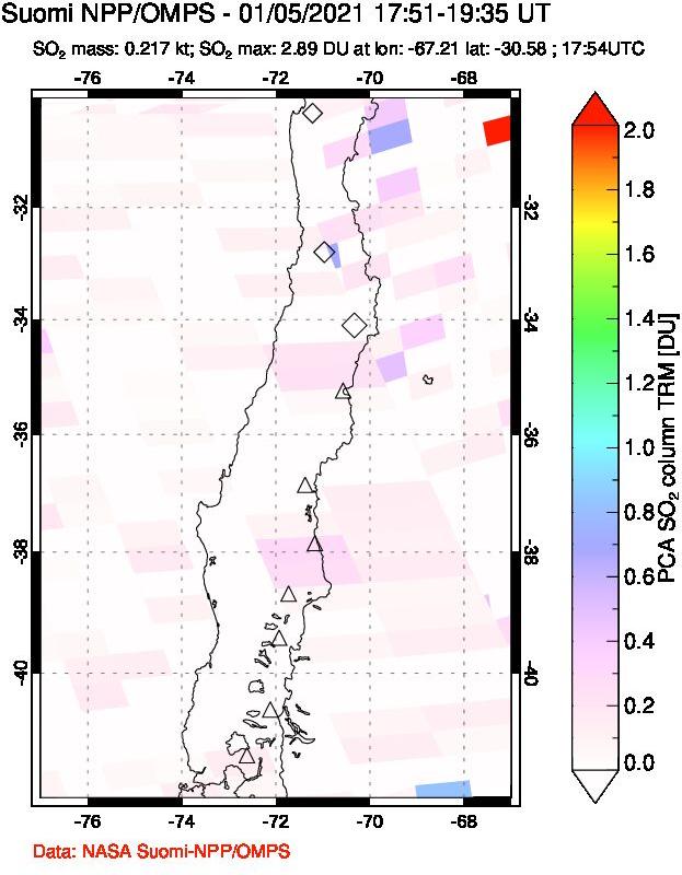 A sulfur dioxide image over Central Chile on Jan 05, 2021.