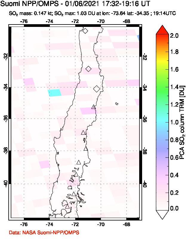 A sulfur dioxide image over Central Chile on Jan 06, 2021.
