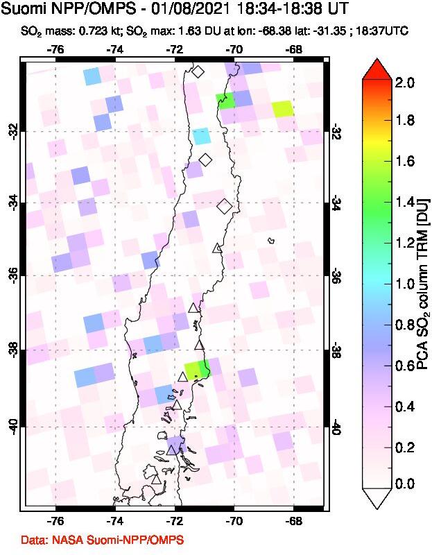 A sulfur dioxide image over Central Chile on Jan 08, 2021.