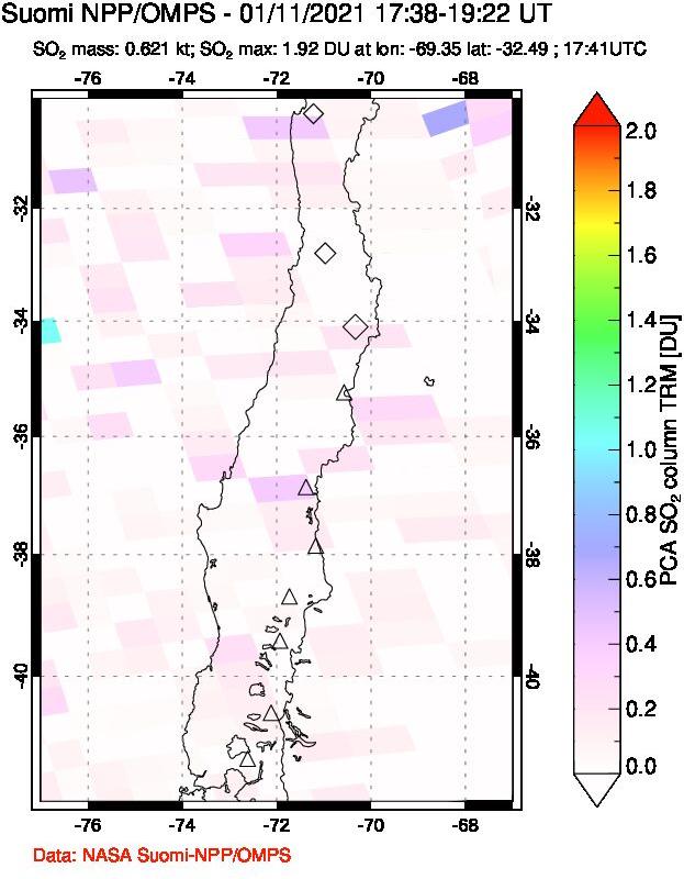 A sulfur dioxide image over Central Chile on Jan 11, 2021.