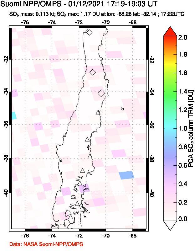 A sulfur dioxide image over Central Chile on Jan 12, 2021.