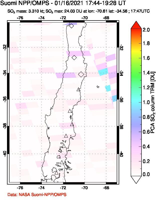 A sulfur dioxide image over Central Chile on Jan 16, 2021.
