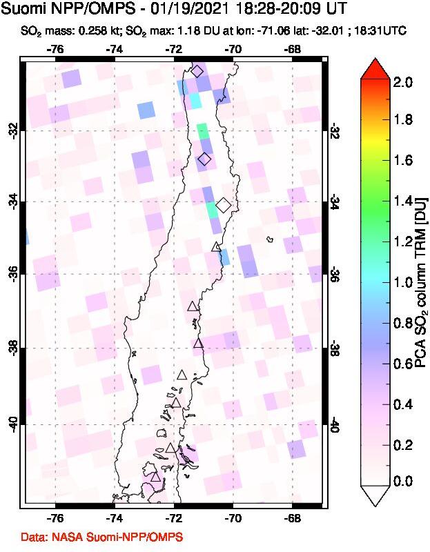 A sulfur dioxide image over Central Chile on Jan 19, 2021.