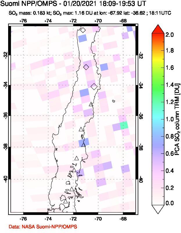 A sulfur dioxide image over Central Chile on Jan 20, 2021.