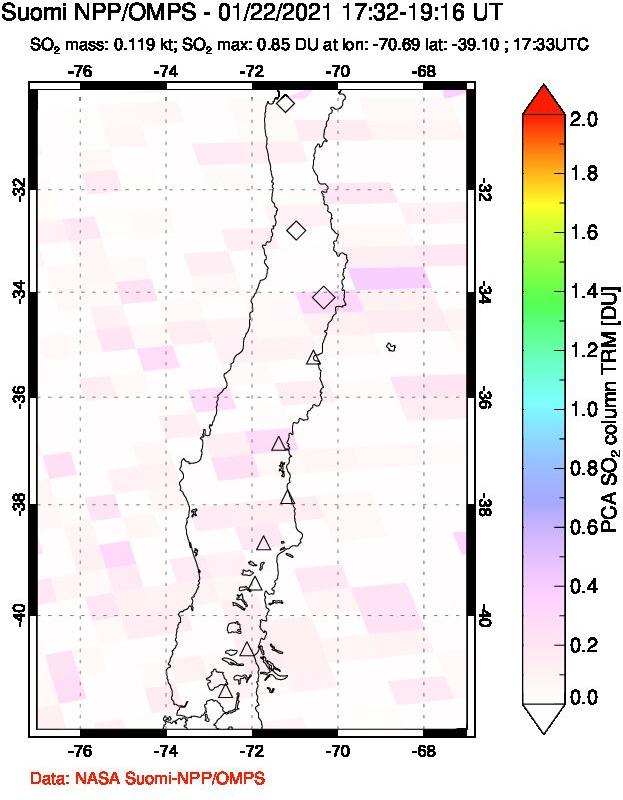 A sulfur dioxide image over Central Chile on Jan 22, 2021.