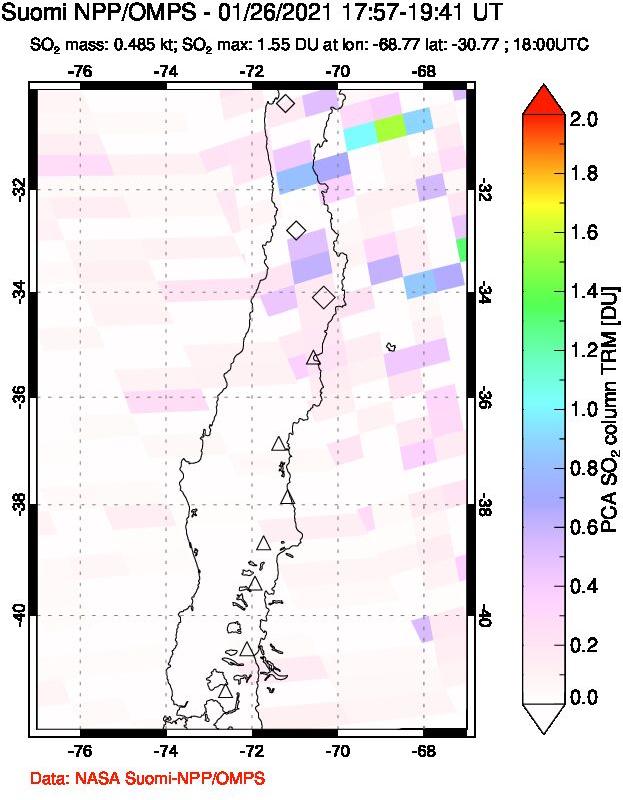 A sulfur dioxide image over Central Chile on Jan 26, 2021.